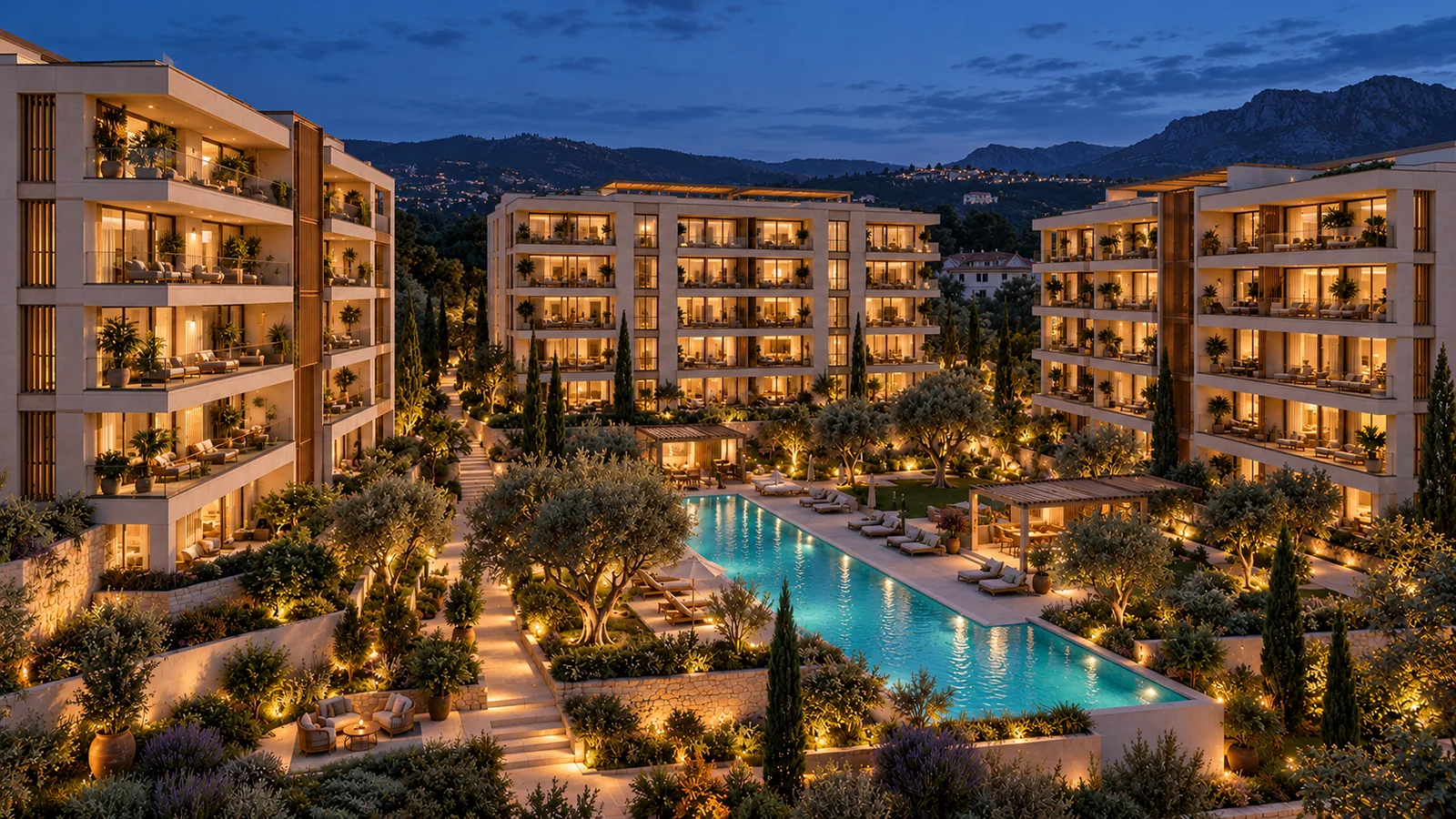 Aurelia Residences sentetik demo: Aynı üç blok ve avlunun sıcak ışıklı akşam görünümü.