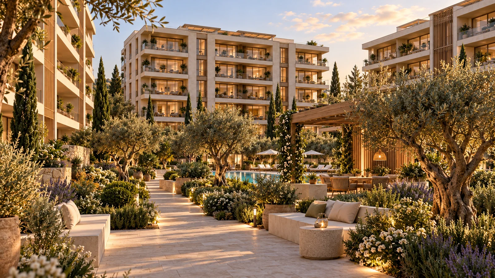 Aurelia Residences sentetik demo: Taş yürüyüş yolu, ağaçlar ve oturma adalarıyla merkez avlu.