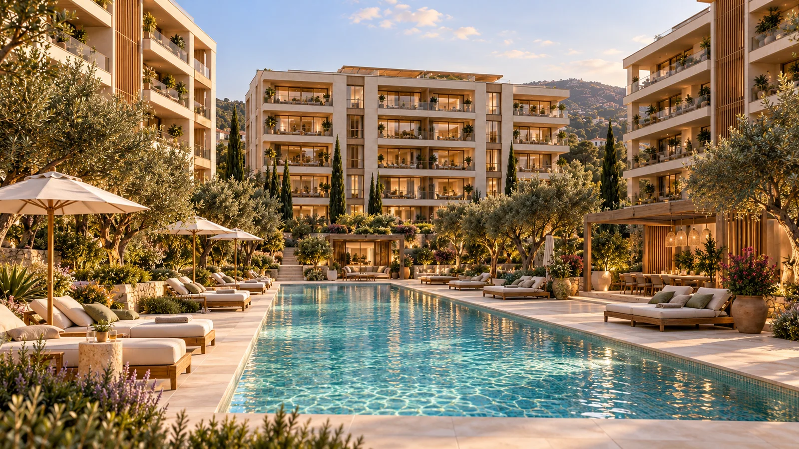 Aurelia Residences sentetik demo: Merkez avludaki tek uzun açık havuzun kenarından görünüm.