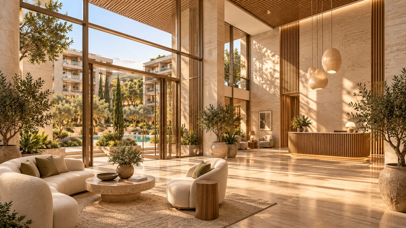 Aurelia Residences sentetik demo: Bej taş, şampanya metal ve meşe detaylı giriş lobisi.