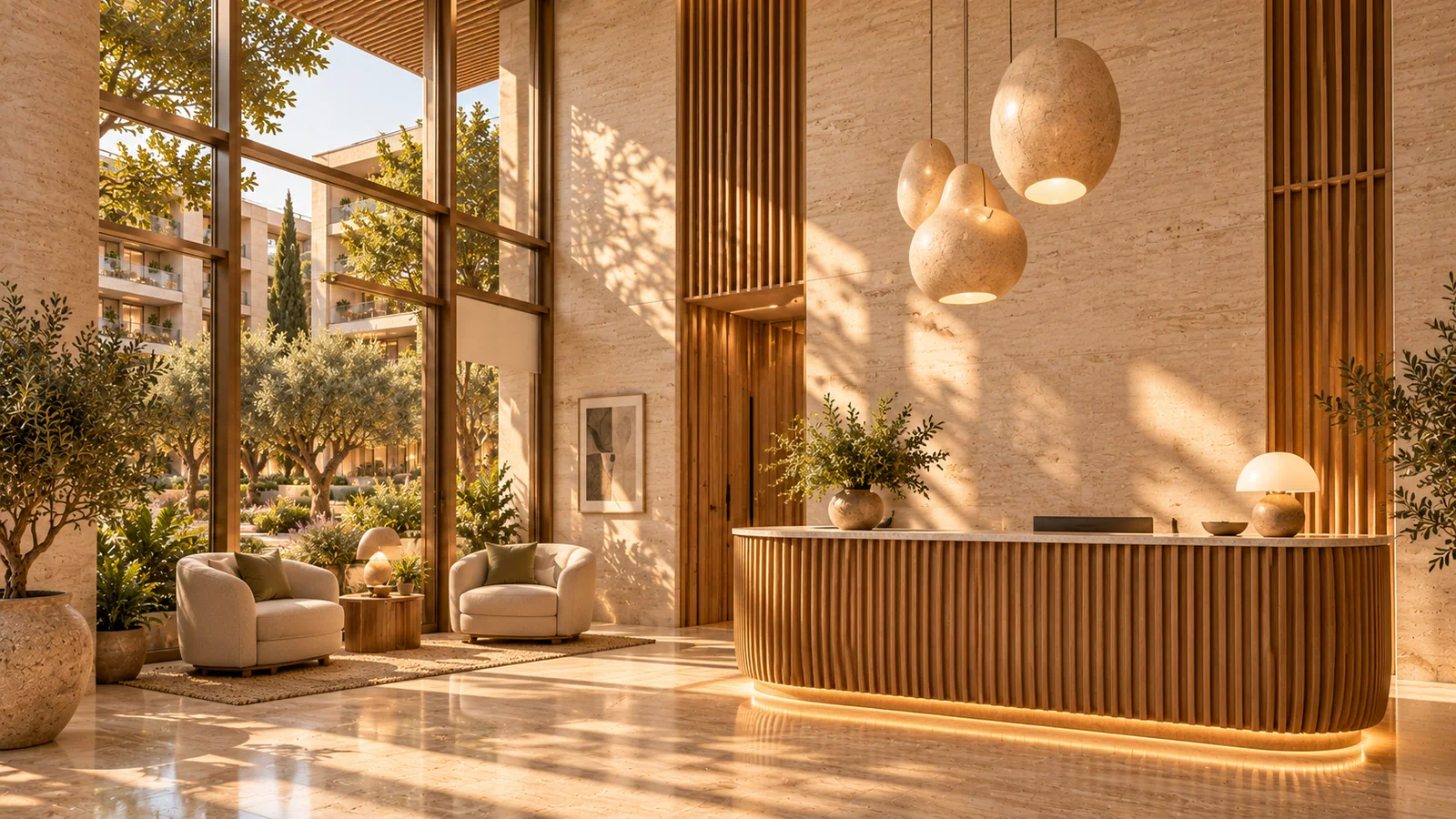 Aurelia Residences sentetik demo: Giriş lobisiyle aynı malzeme dilindeki karşılama bankosu.