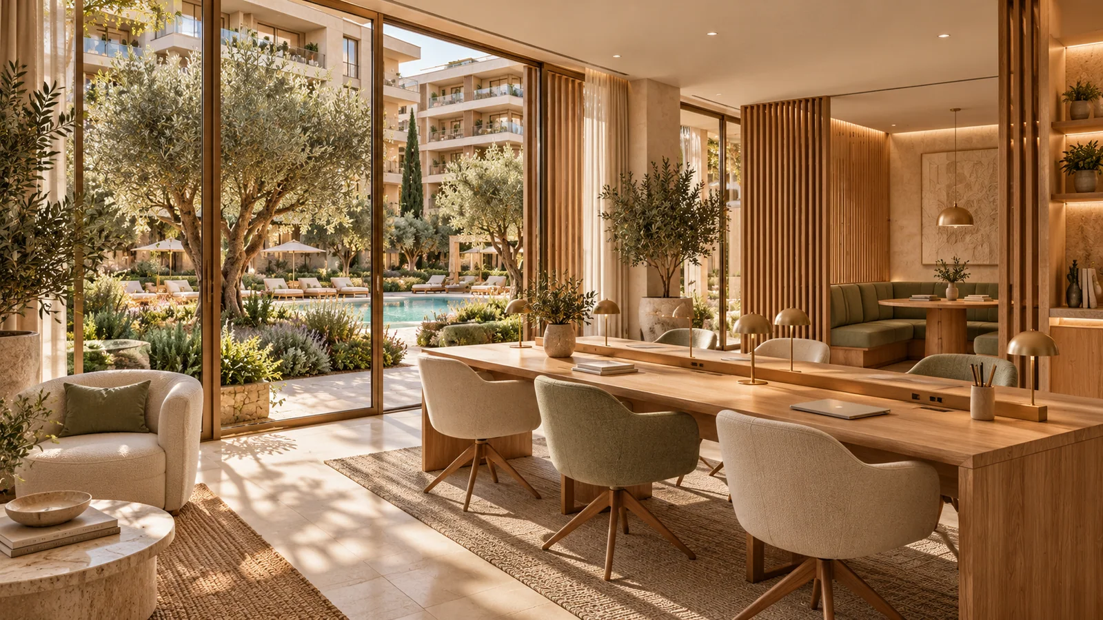 Aurelia Residences sentetik demo: Avluya açılan masalar ve sakin çalışma köşeleri.