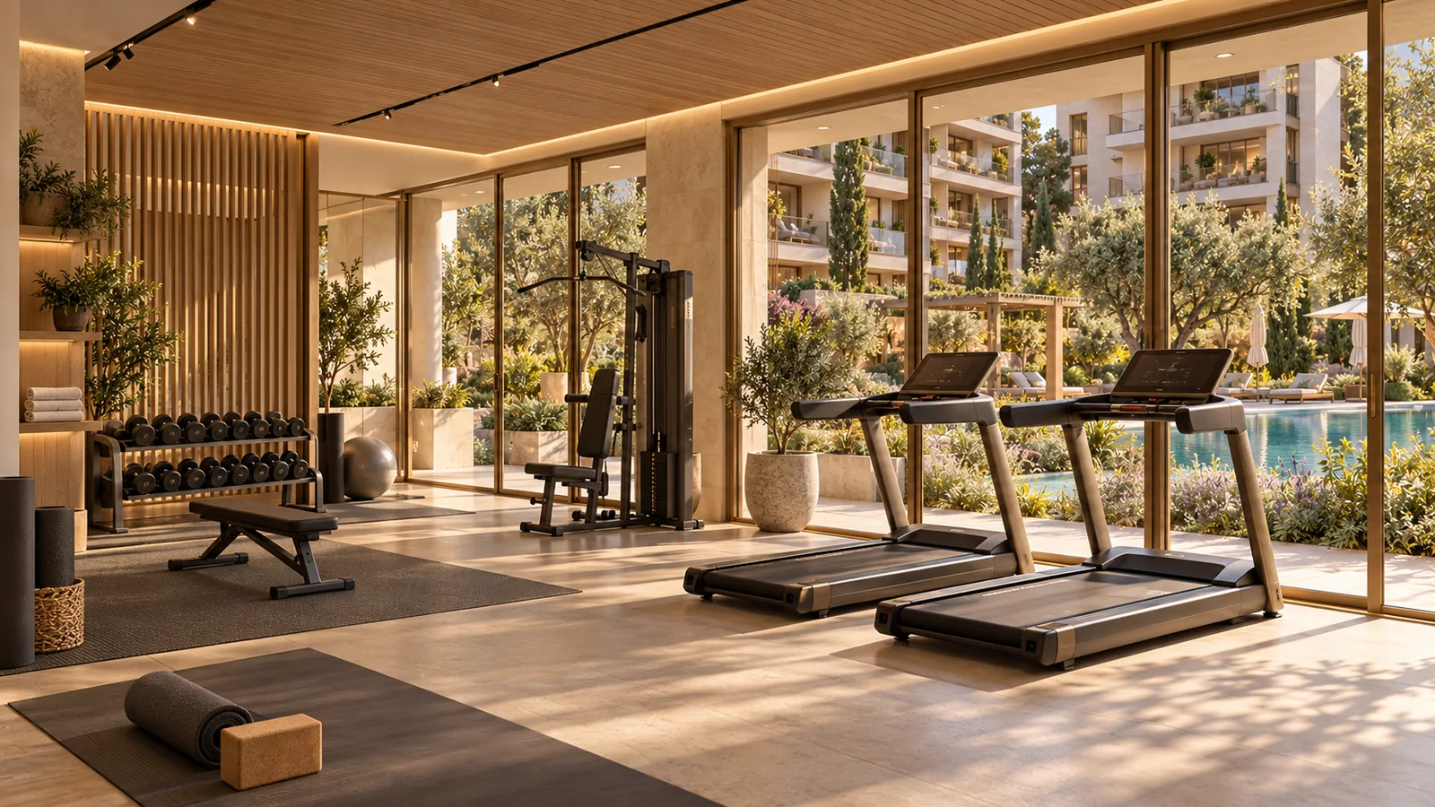 Aurelia Residences sentetik demo: Mat ahşap ve sıcak nötr tonlarla gün ışığı alan fitness.