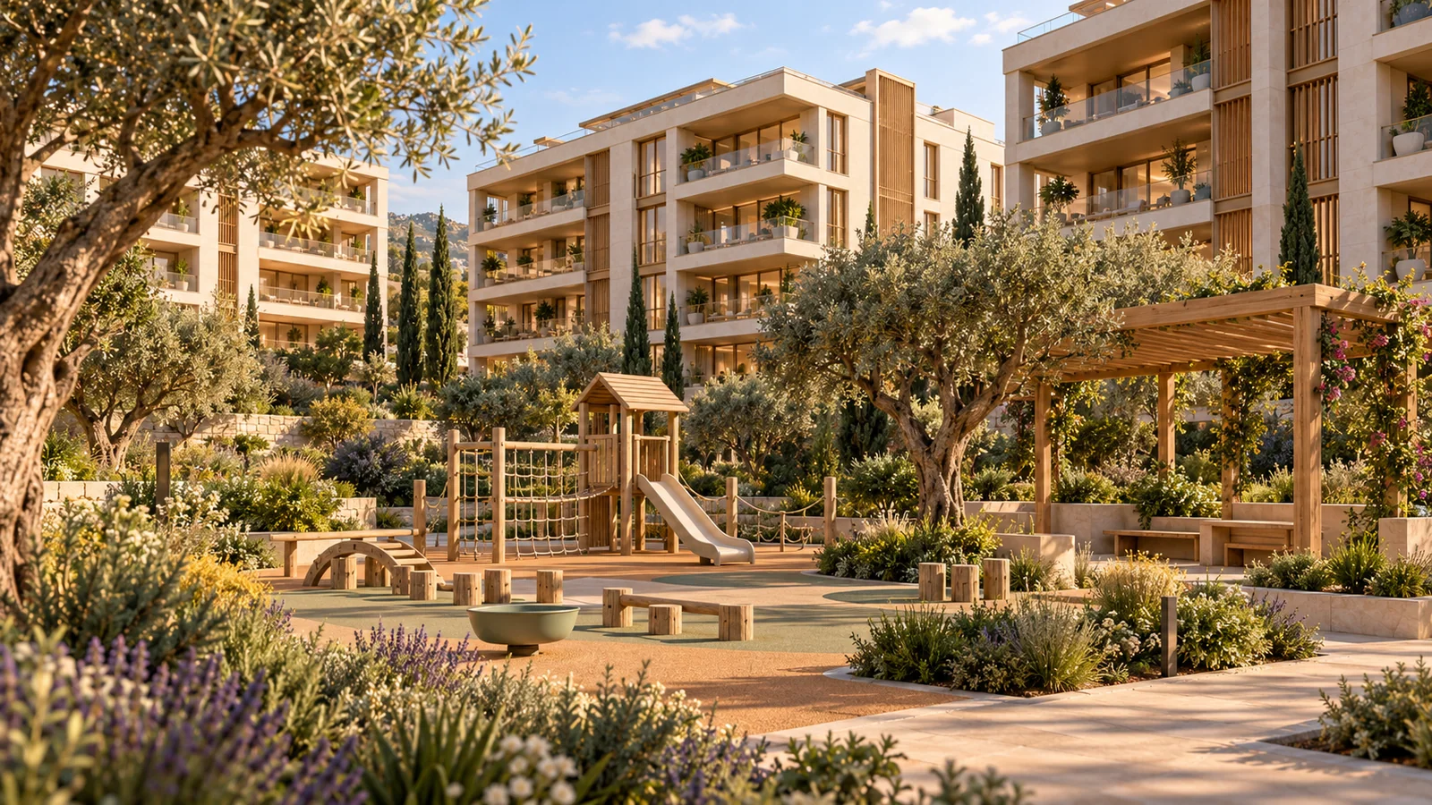 Aurelia Residences sentetik demo: Avlunun sakin bir köşesinde ahşap oyun elemanları.