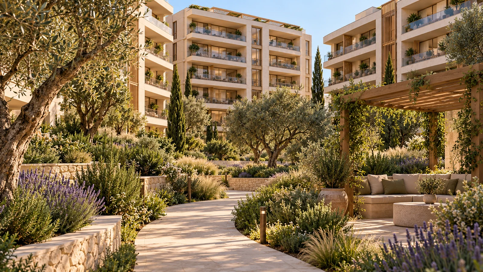 Aurelia Residences sentetik demo: Lavanta, zeytin ve alçak çalılarla avlu yürüyüş yolu.