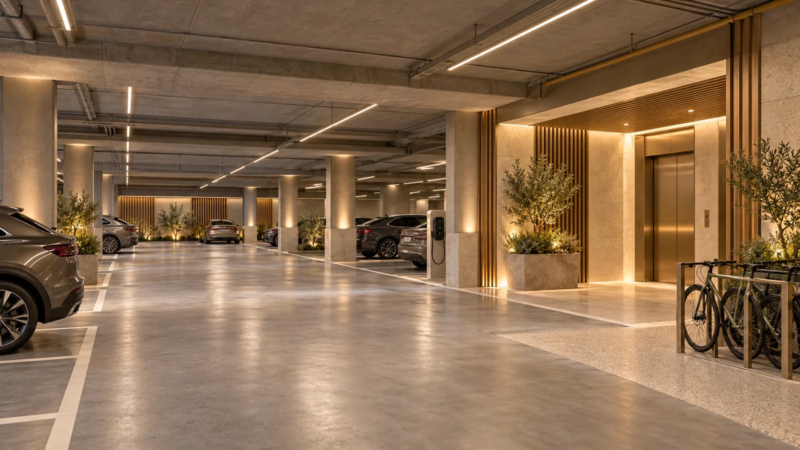 Aurelia Residences sentetik demo: Açık yüzeyler ve ferah dolaşımla kapalı otopark.