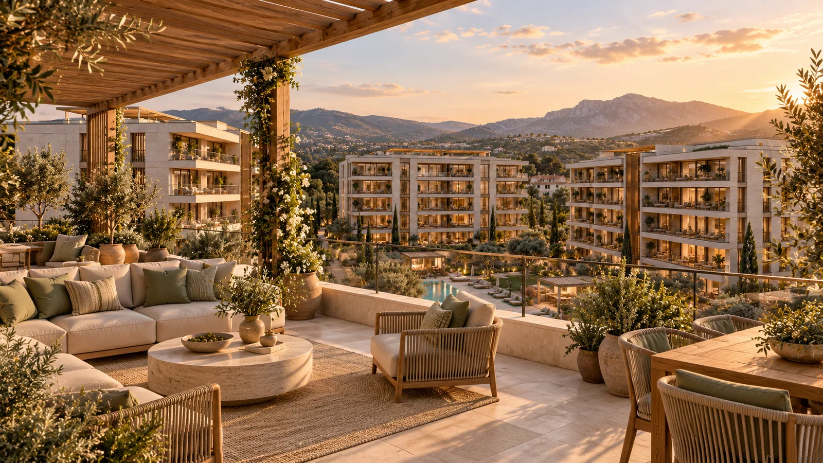 Aurelia Residences sentetik demo: Bitkiler ve açık hava oturma gruplarıyla ortak sosyal teras.