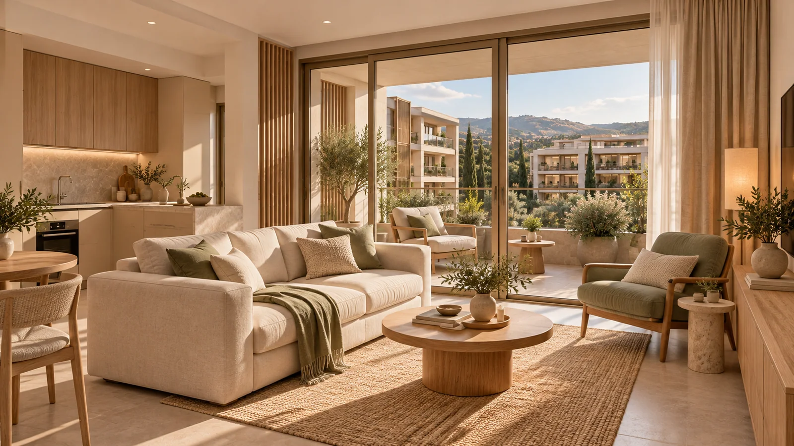 Aurelia Residences sentetik demo: Açık mutfağa bağlanan kompakt 1+1 salonu.