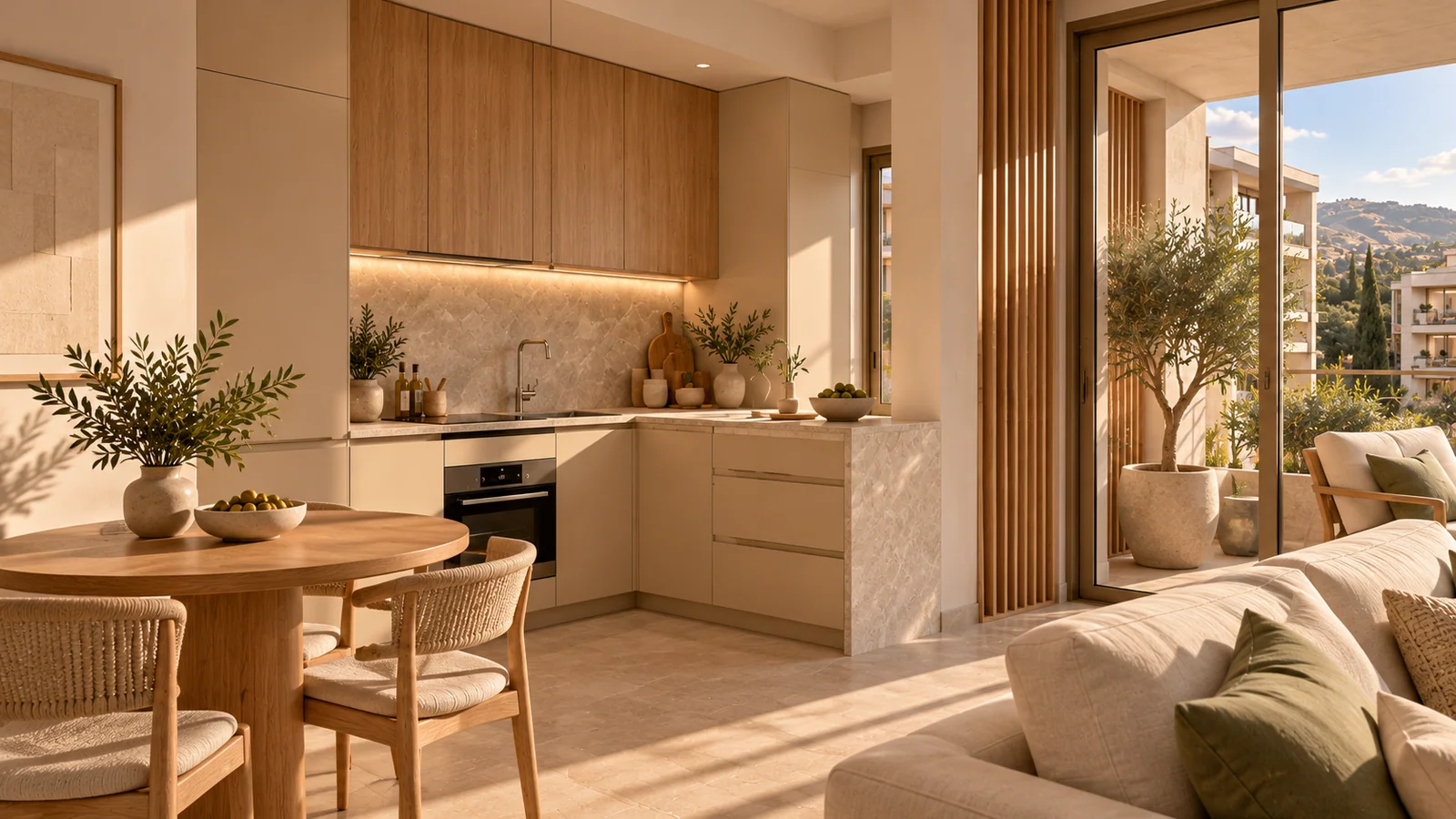 Aurelia Residences sentetik demo: 1+1 salonuyla aynı dairede açık mutfak yakın görünümü.