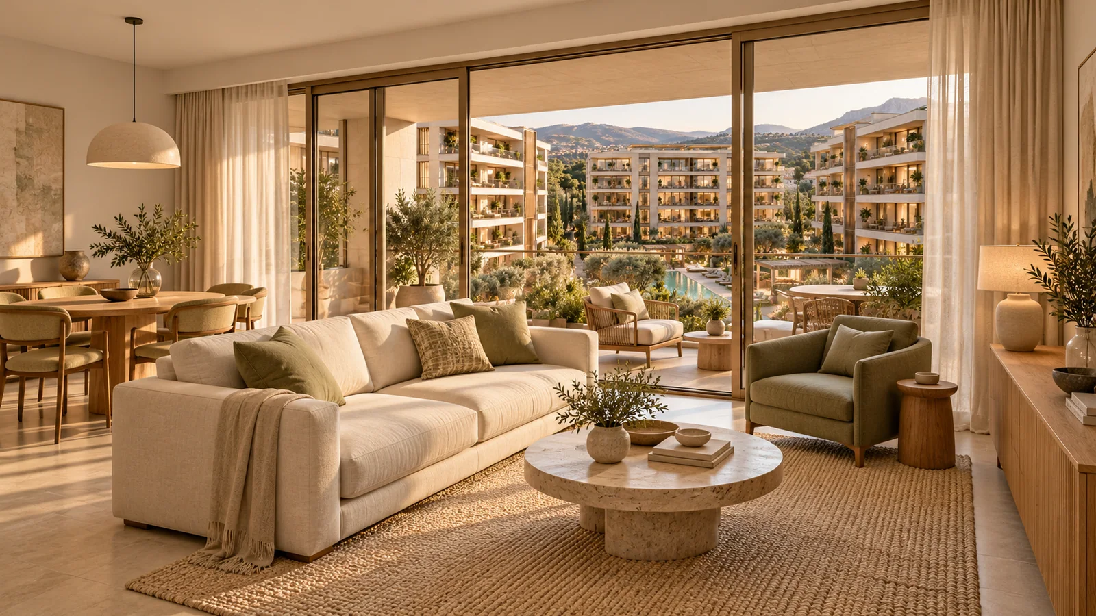 Aurelia Residences sentetik demo: Meşe ve bej tonlarla daha geniş 2+1 salonu.