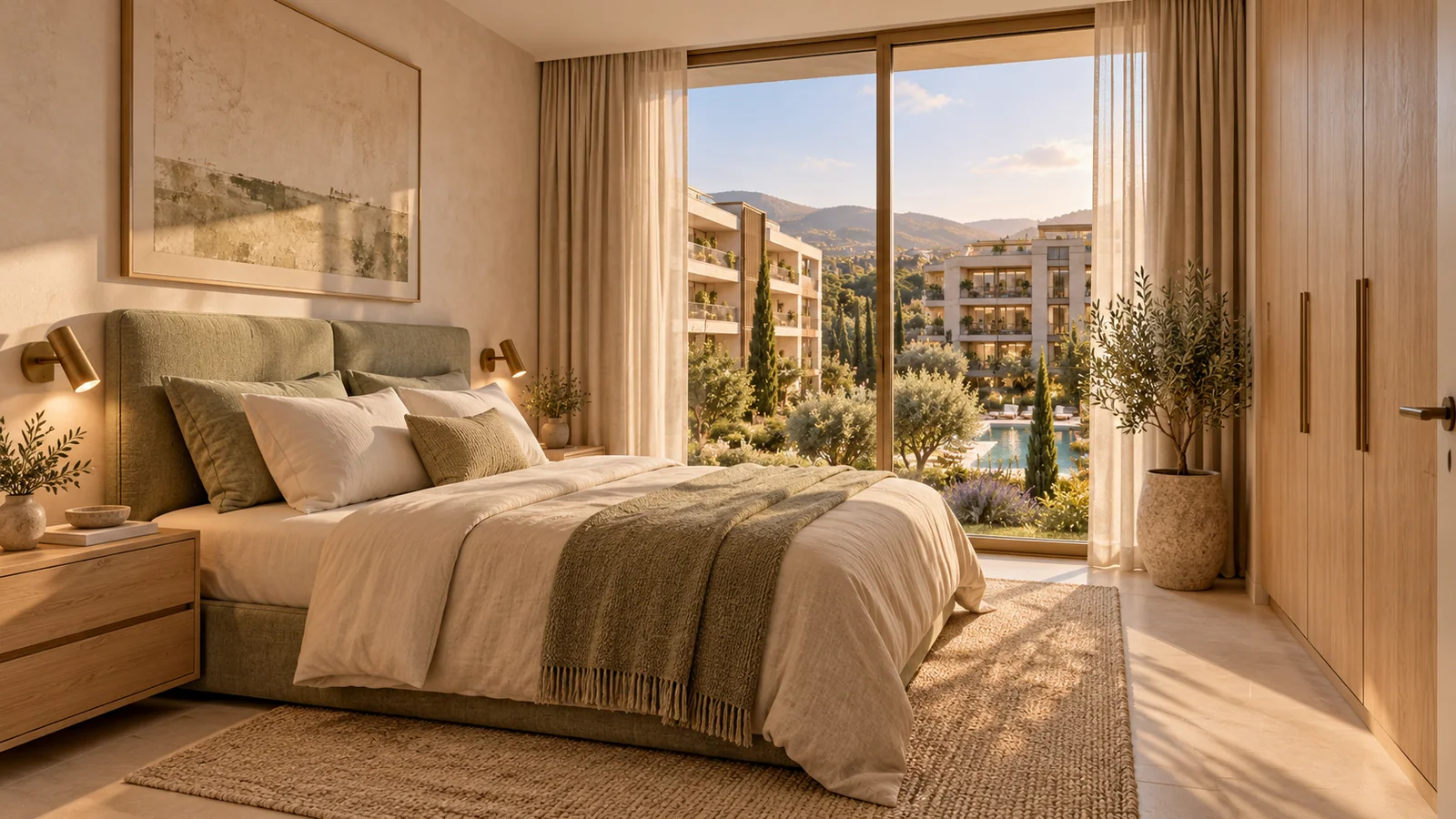 Aurelia Residences sentetik demo: 2+1 salonuyla aynı tasarım dilinde ana yatak odası.
