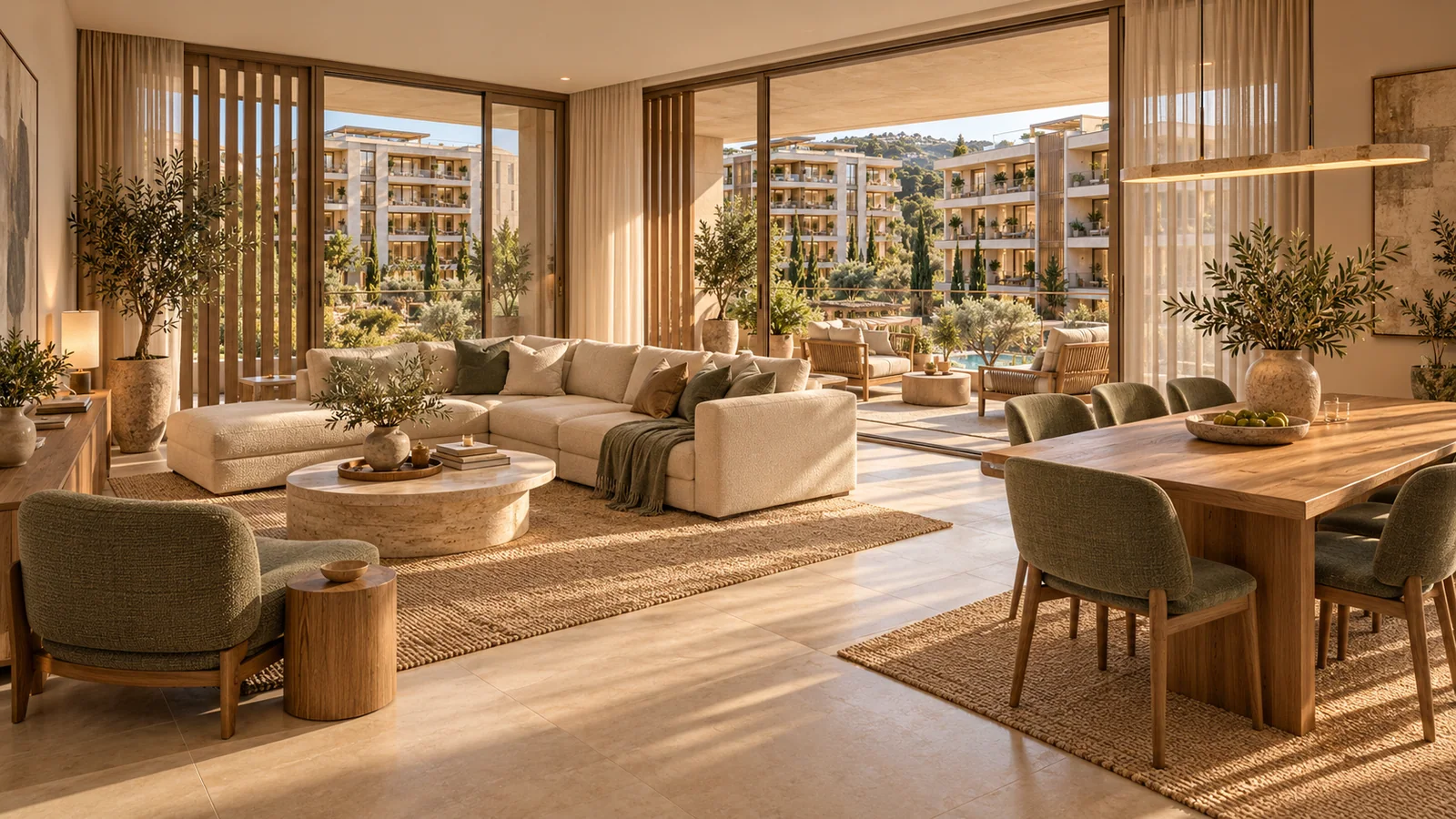 Aurelia Residences sentetik demo: Yemek masası ve salonu birlikte gösteren 3+1 iç mekânı.