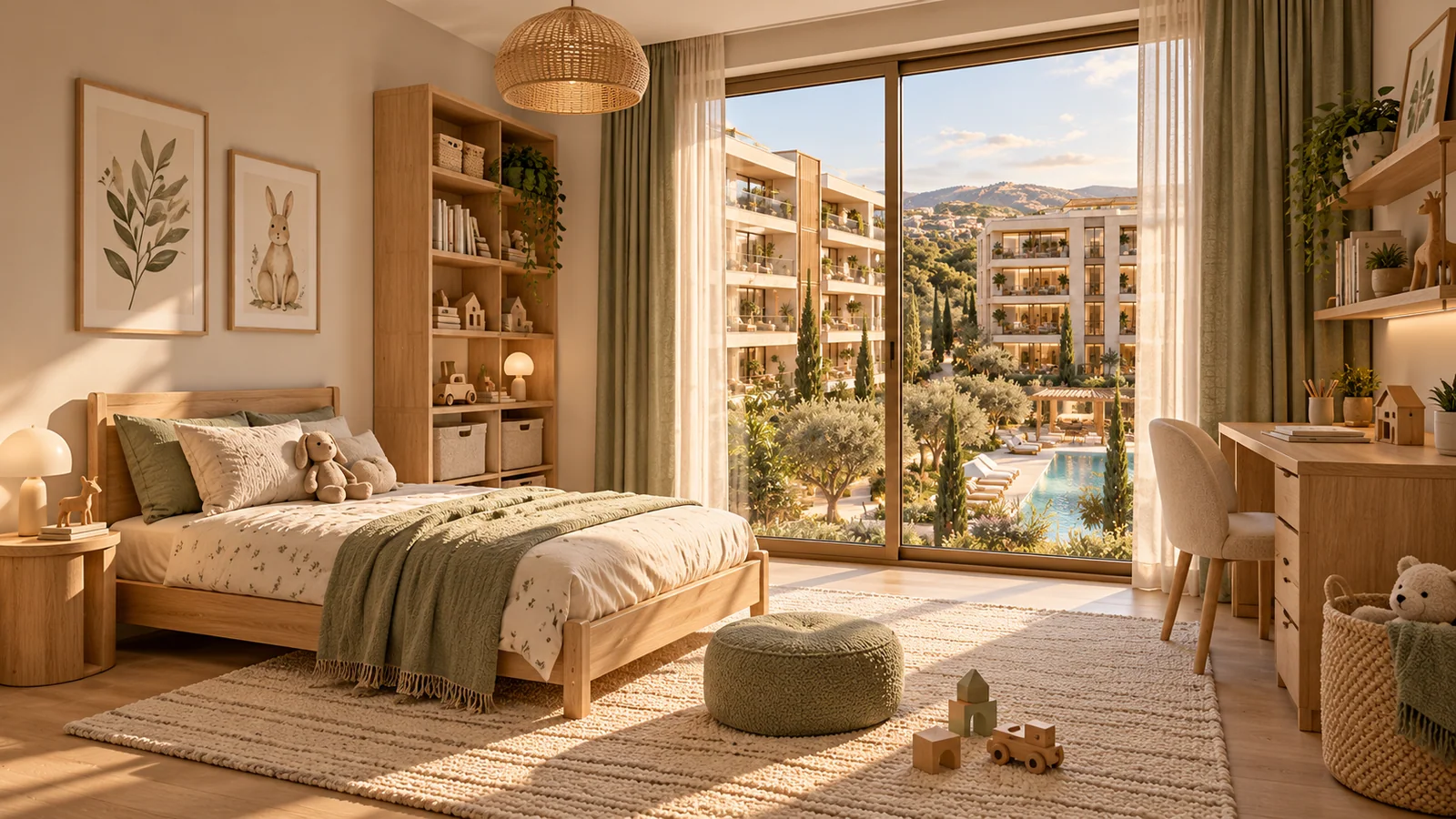 Aurelia Residences sentetik demo: Yatak, çalışma masası ve depolamayla 3+1 çocuk odası.