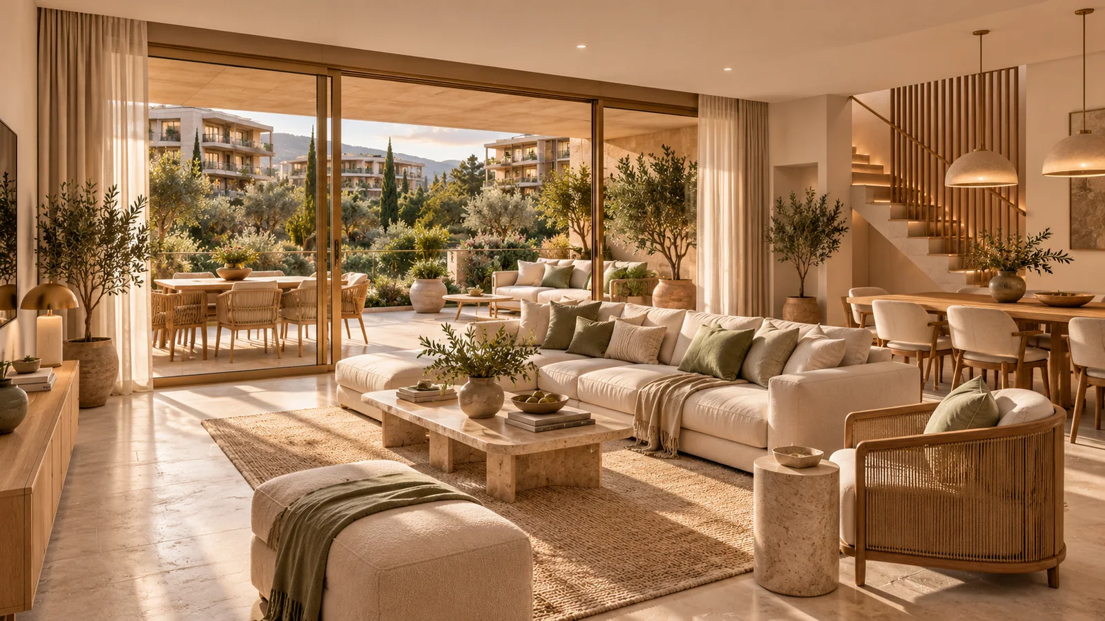 Aurelia Residences sentetik demo: İç merdiven ve terasa açılan 4+1 dubleks yaşam alanı.