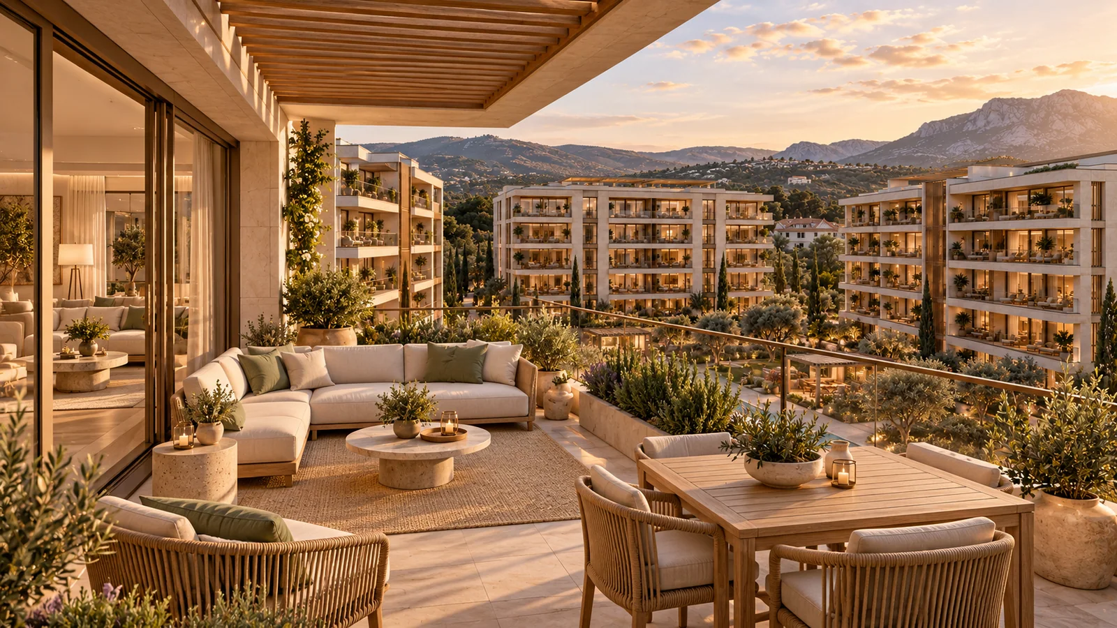 Aurelia Residences sentetik demo: Ahşap gölgelik ve oturma grubuyla 38 m² özel teras.